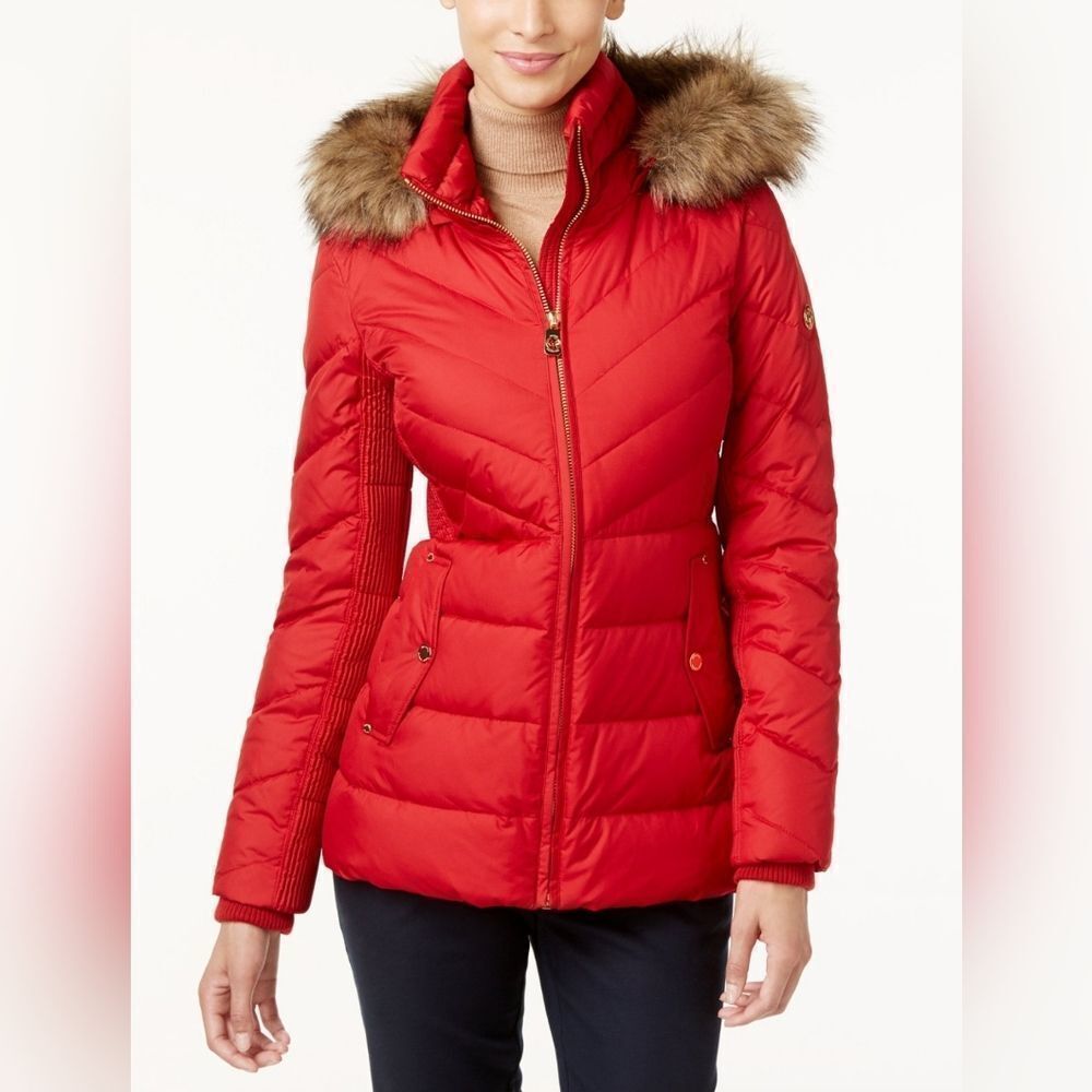Michael Kors Faux Fur Trim Chevron Quilted Down Coat Size Large - Picture 1 of 9